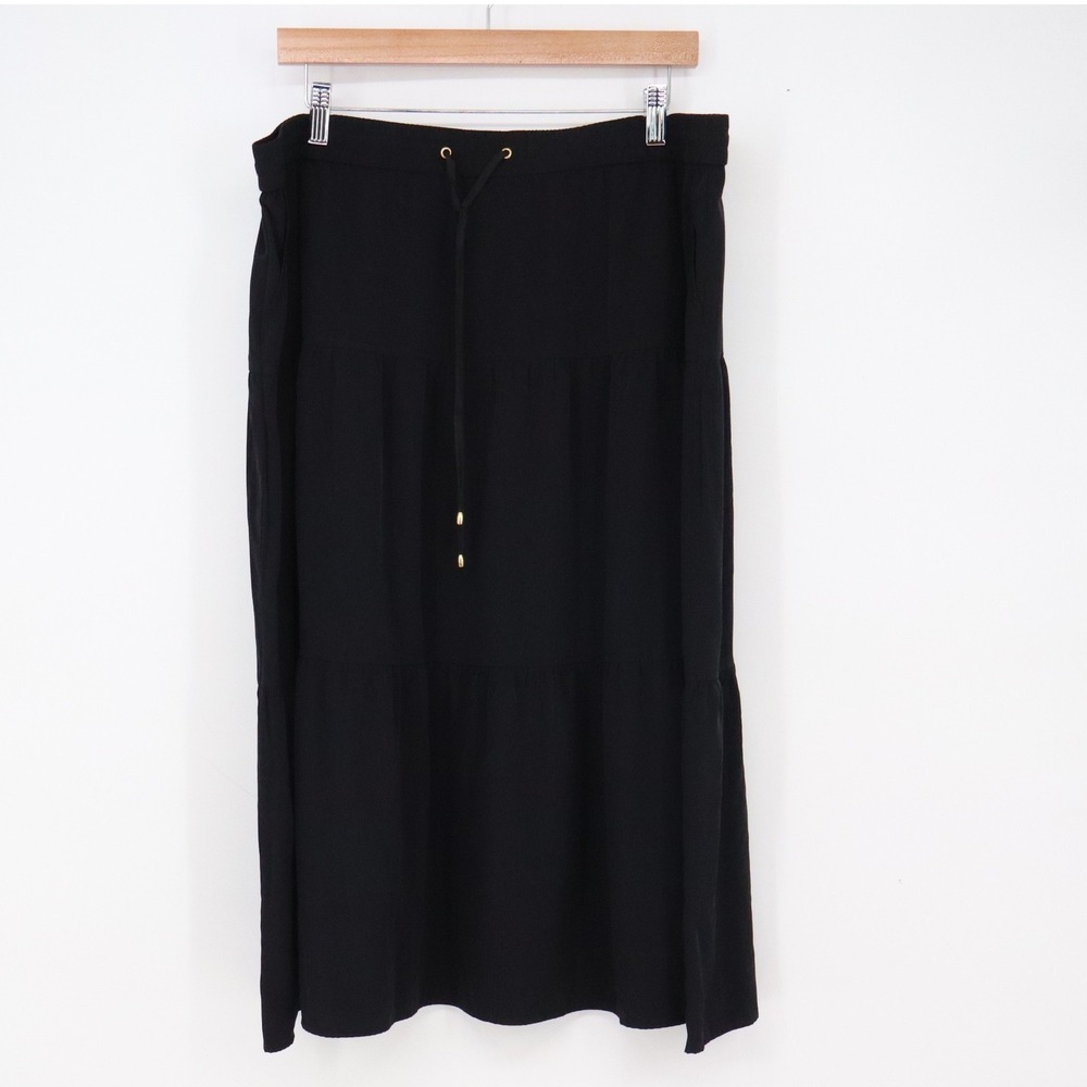 Jones New York Skirt Womens 14 Tiered Midi Black Drawstring Elastic Waist NEW